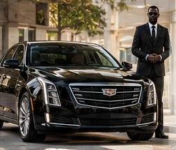Illustration: a chauffeur standing beside a sedan