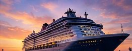 Illustration of a cruise ship against a sunset sky